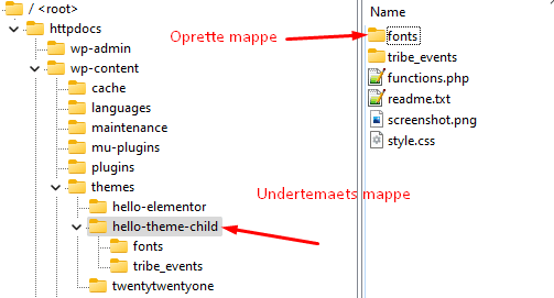 Screendump af ftp-program: mappe struktur med fonts-mappe i undertemaets mappe