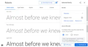 Screendump fra google fonts: viser tre forskellige font tyngder samt valgmuligheder.