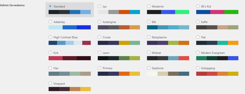 Farveskemaer efter installation af admin color schemes